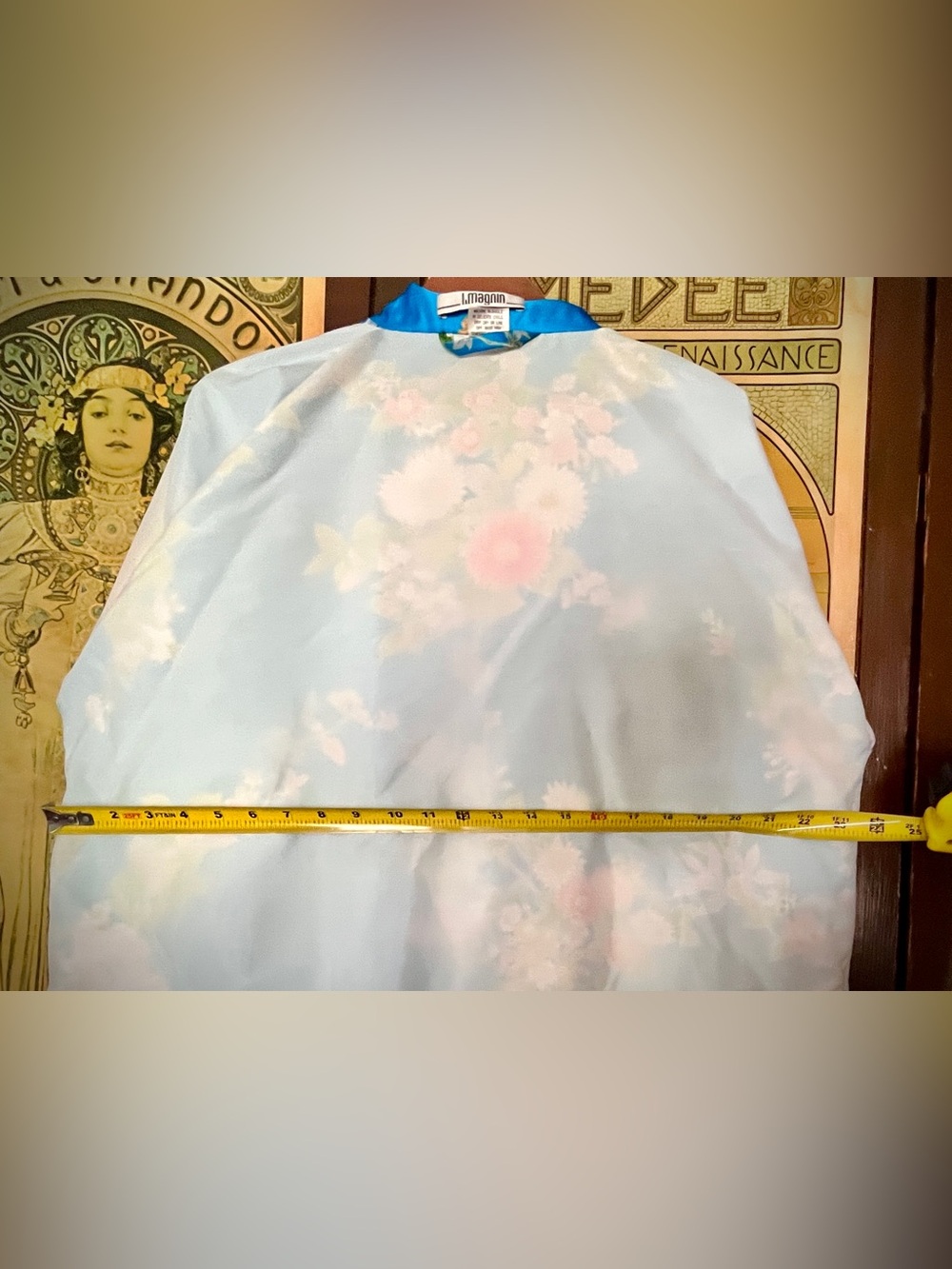 Vintage 70s I. Magnin Floral Kimono Robe Blue Satin Dressing Gown Made in Japan - Picture 10 of 14